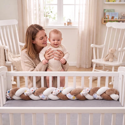 Tresse de lit marron maman prend bébé souriant