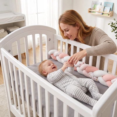 Tresse de lit rose maman joue avec bébé dans son berceau